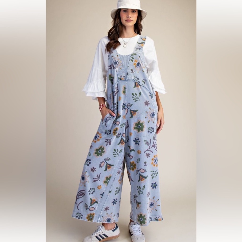easel Light Blue Floral Wide-Leg Jumpsuit